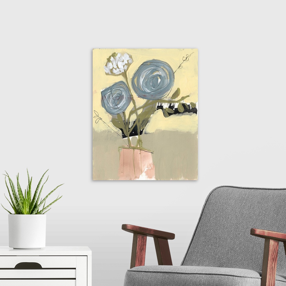 A modern room featuring Contemporary painting of a bouquet of blue flowers on a yellow and tan background.