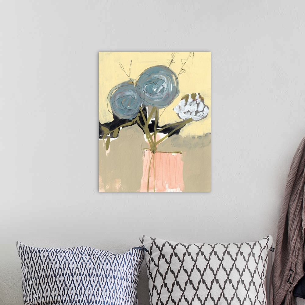 A bohemian room featuring Contemporary painting of a bouquet of blue flowers on a yellow and tan background.