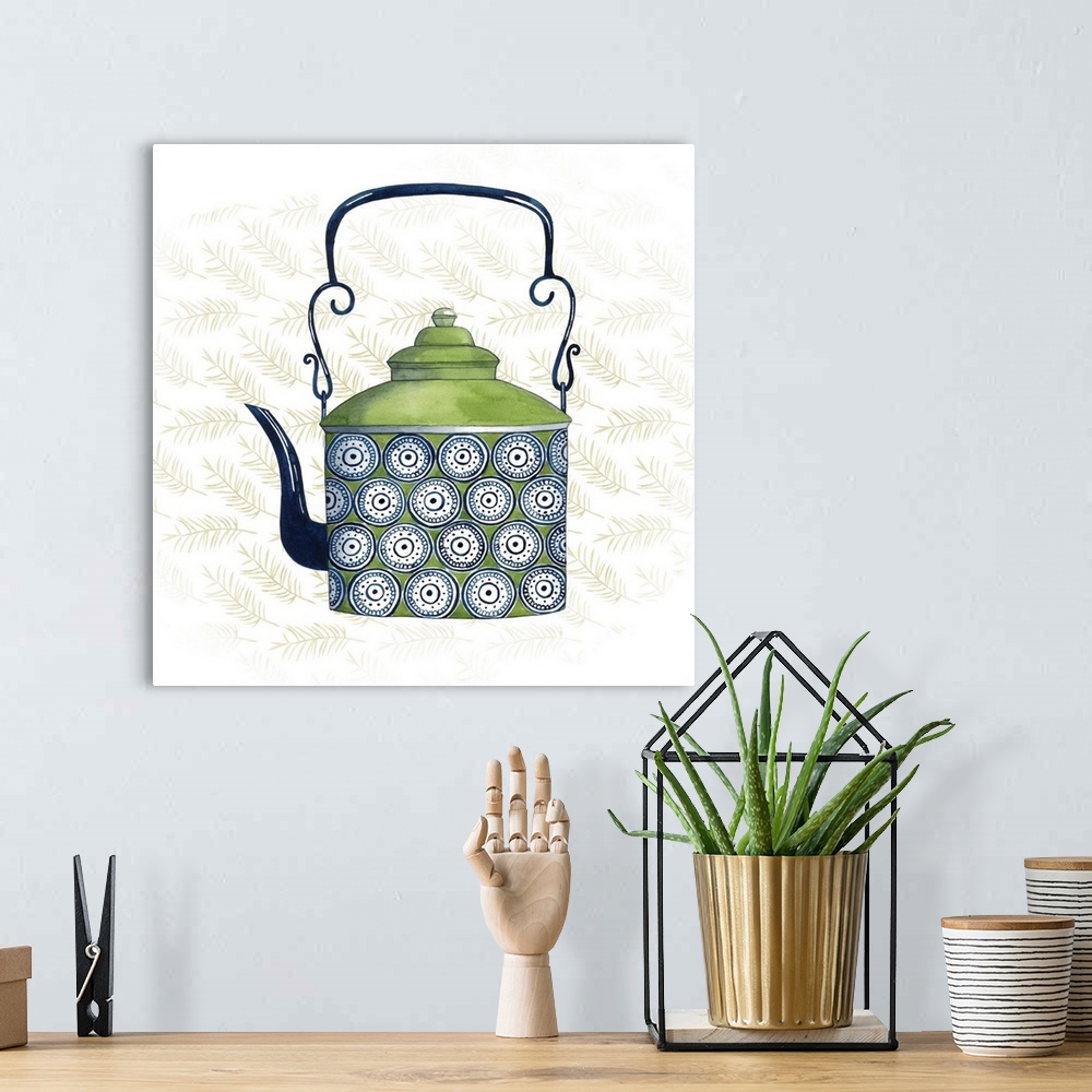 A bohemian room featuring Illustration of a tea kettle with a floral motif on a floral patterned background.