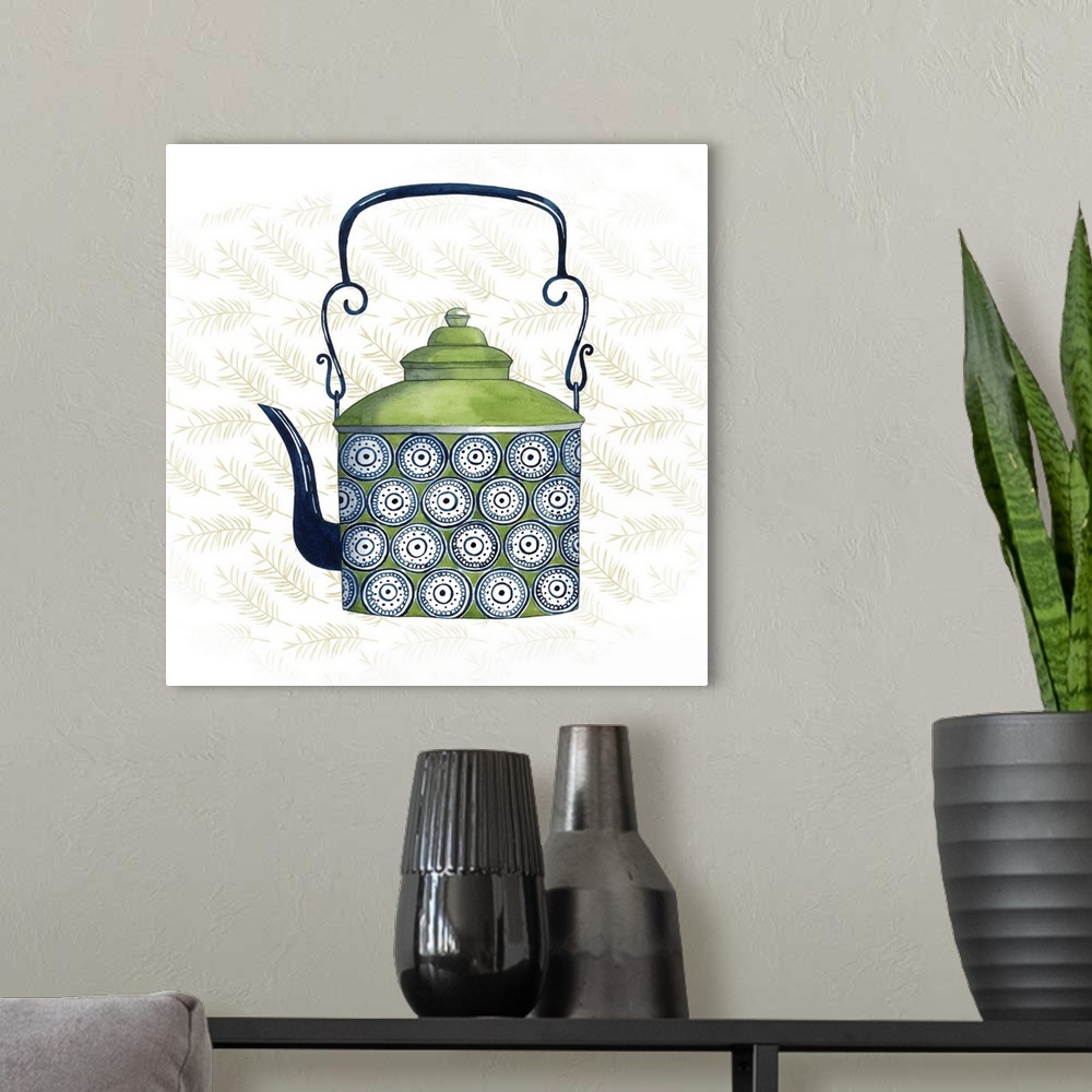 A modern room featuring Illustration of a tea kettle with a floral motif on a floral patterned background.