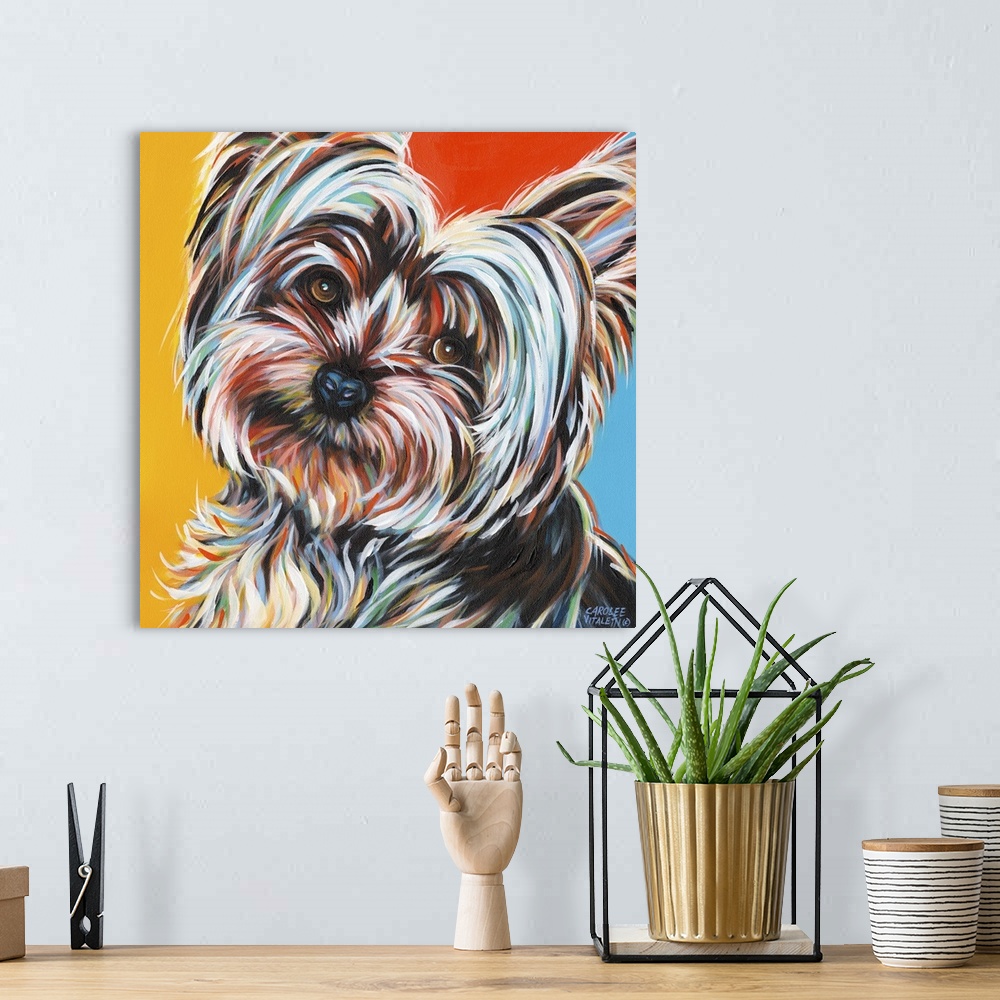 A bohemian room featuring Contemporary portrait of a Yorkshire Terrier with fluffy fur.