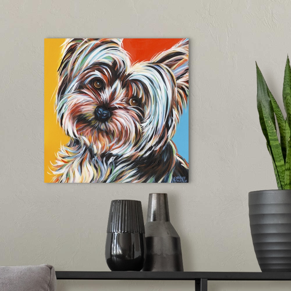 A modern room featuring Contemporary portrait of a Yorkshire Terrier with fluffy fur.