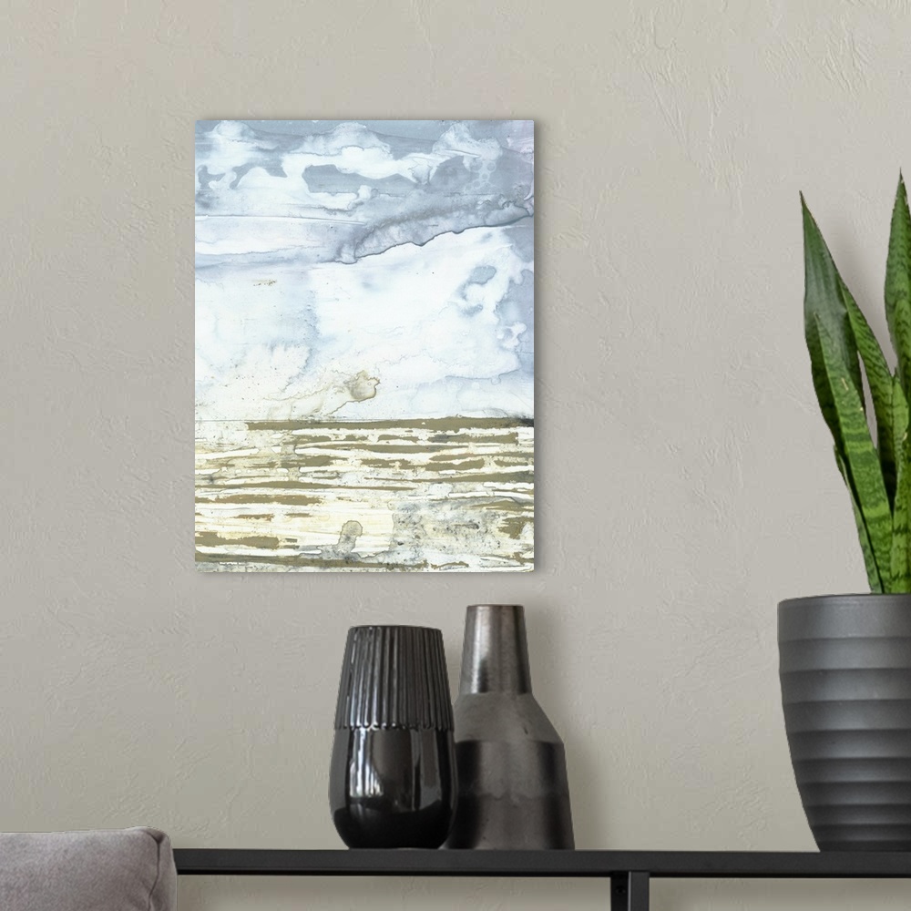 A modern room featuring This vertical abstract artwork features distressed texture colors of blue and tan to indicate a c...
