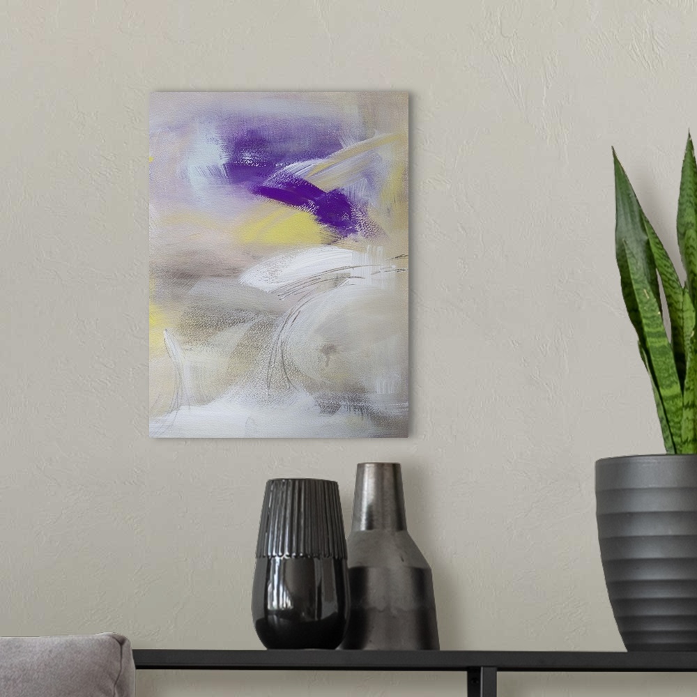 A modern room featuring Contemporary abstract painting in white and yellow with dark purple.
