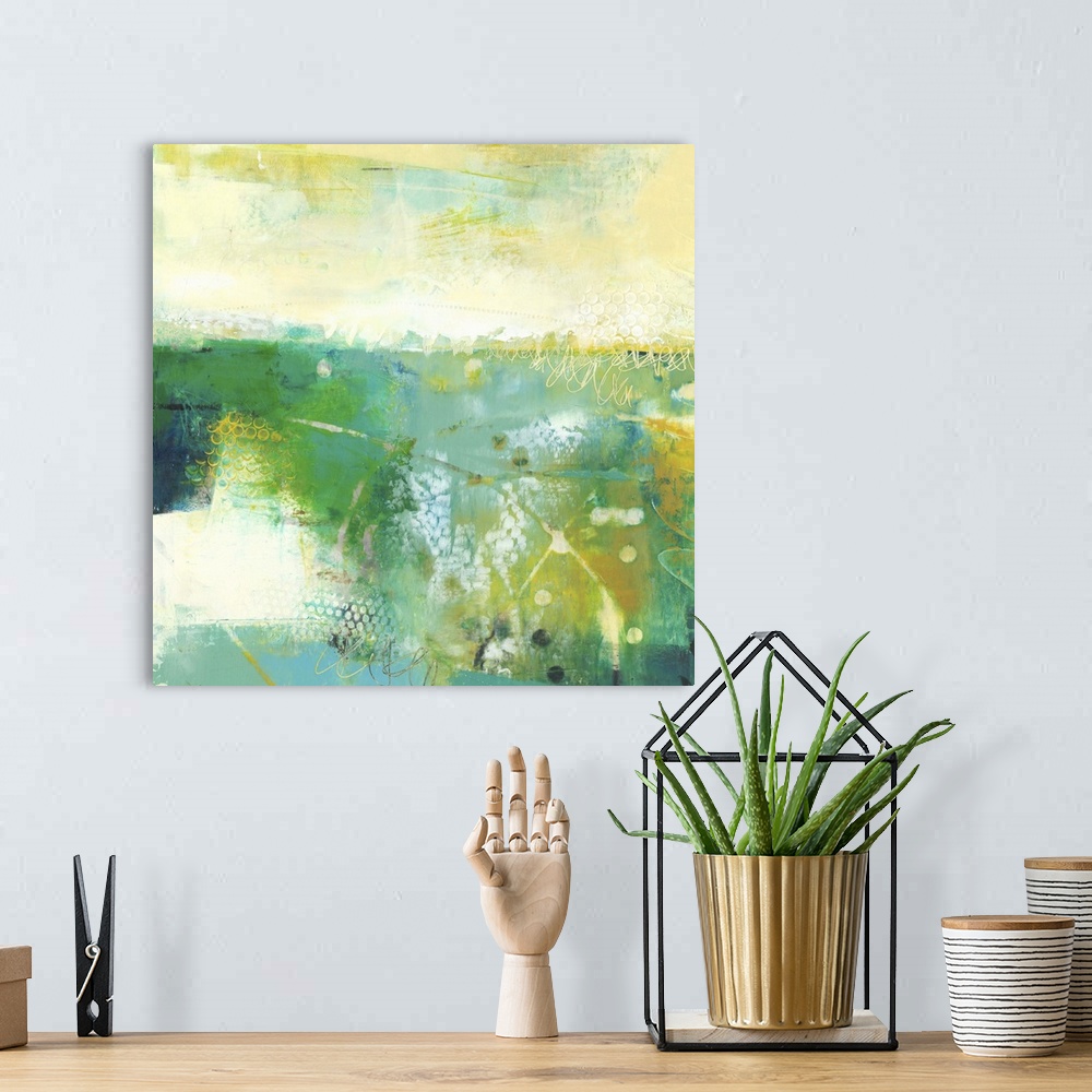 A bohemian room featuring Abstract modern painting in green and beige, resembling a verdant field.