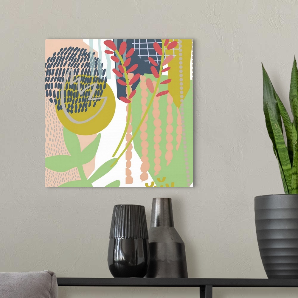 A modern room featuring This decorative artwork features whimsical patterns and floral inspired designs.