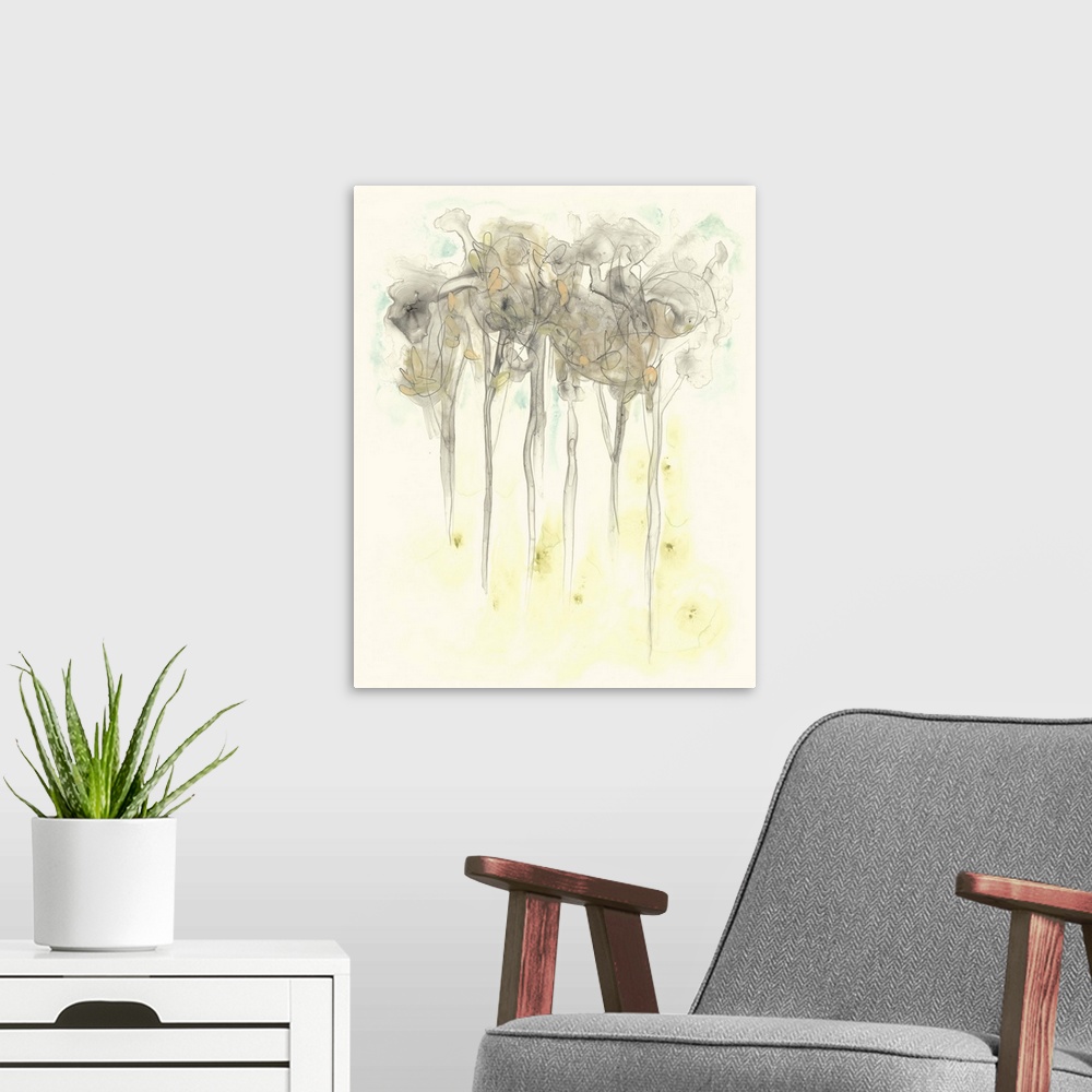 A modern room featuring Abstract watercolor painting of a landscape with a gray treeline.