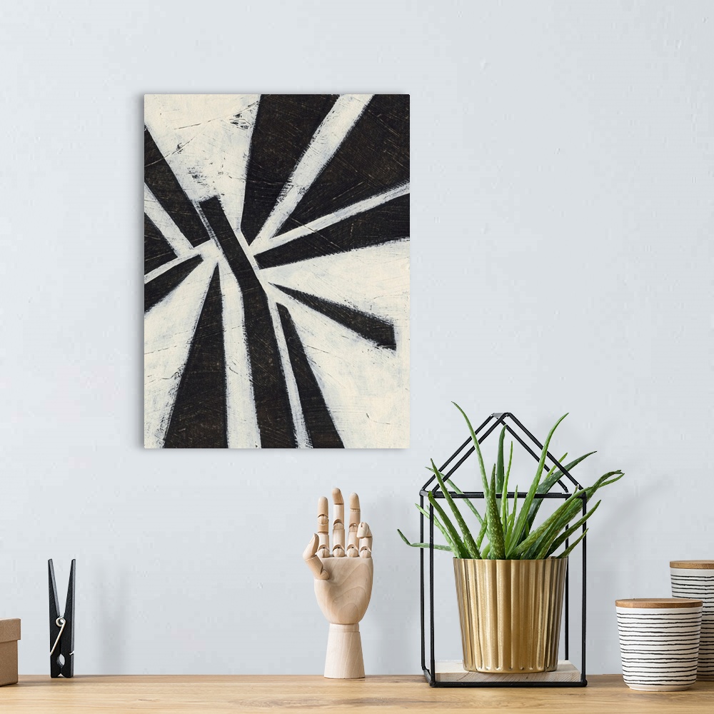 A bohemian room featuring Contemporary mid-century inspired abstract painting using bold black strokes against a weathered ...