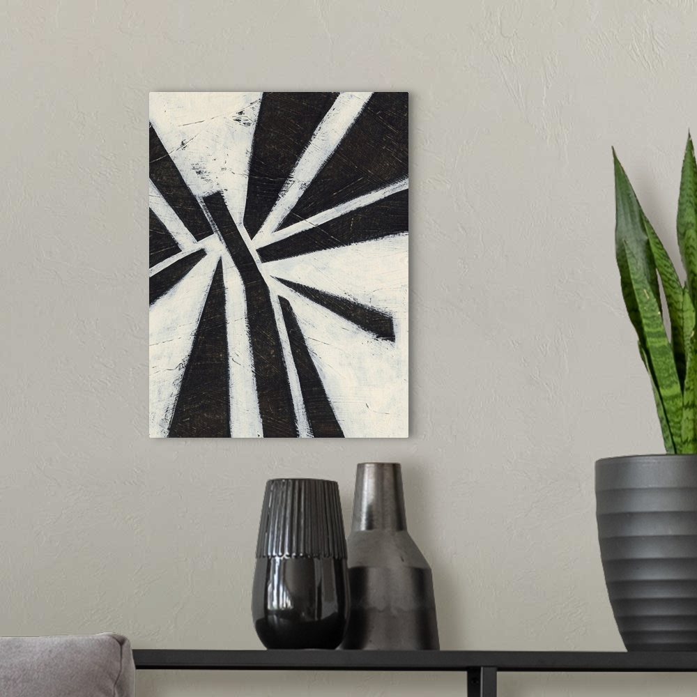 A modern room featuring Contemporary mid-century inspired abstract painting using bold black strokes against a weathered ...