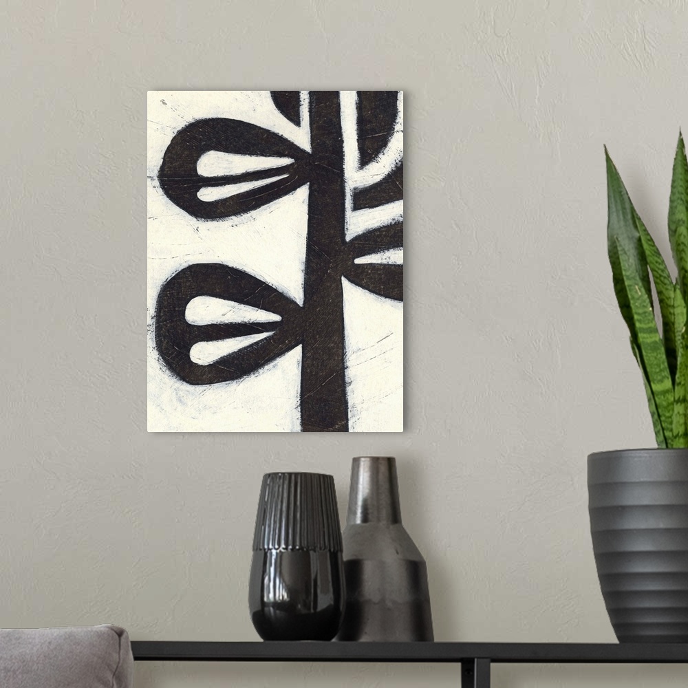 A modern room featuring Contemporary mid-century inspired abstract painting using bold black strokes against a weathered ...