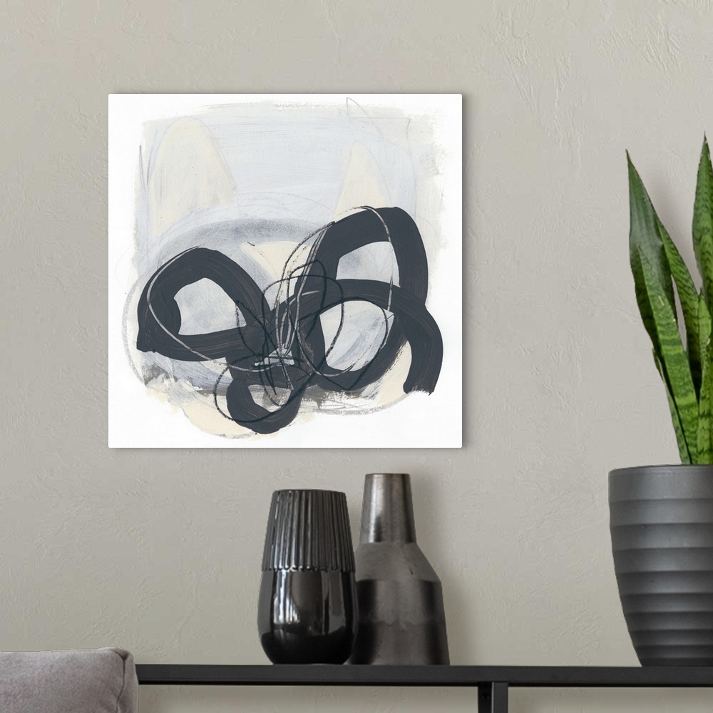 A modern room featuring Square abstract painting of thick black circles overlapping and fine scribble lines of gray and b...