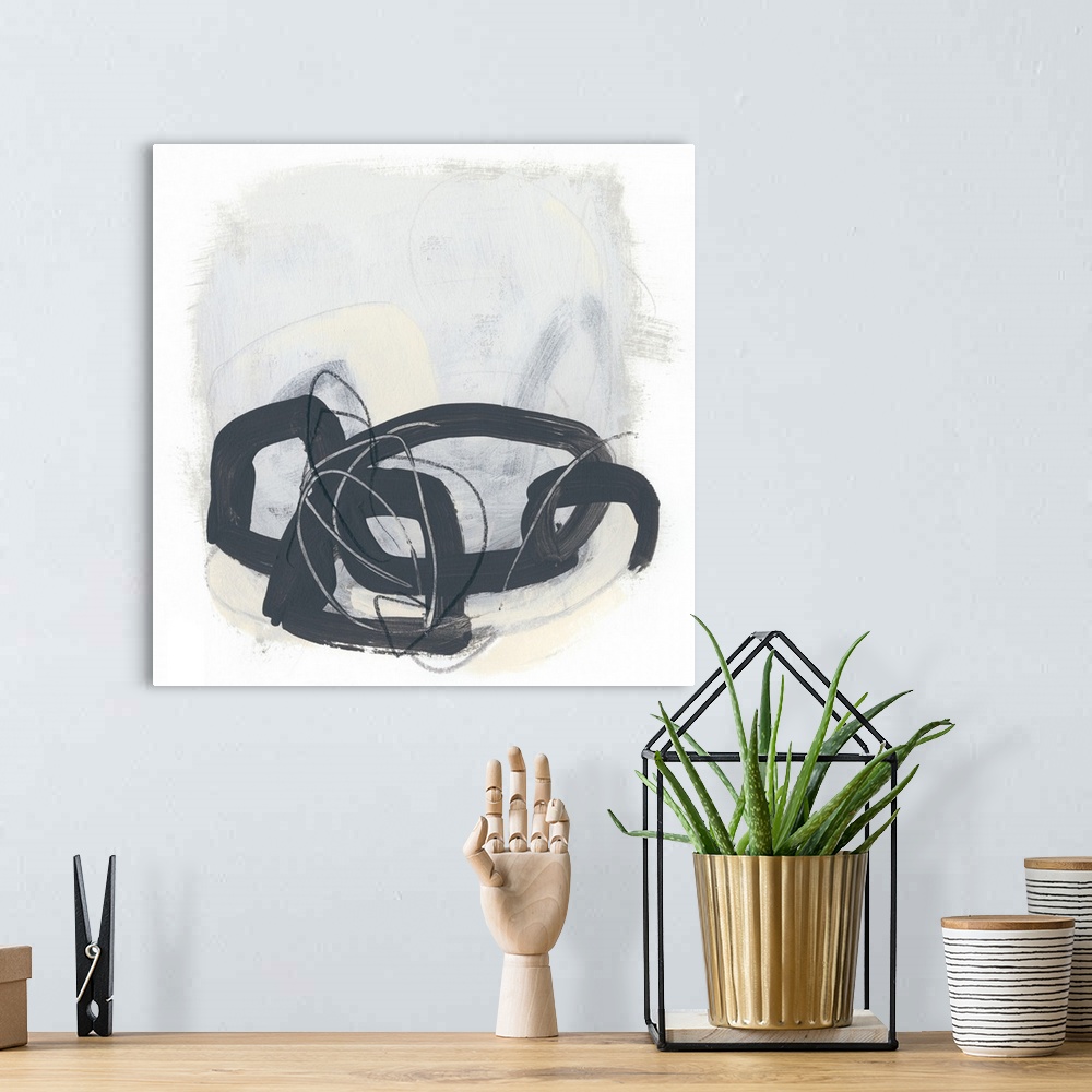 A bohemian room featuring Square abstract painting of thick black circles overlapping and fine scribble lines of gray and b...