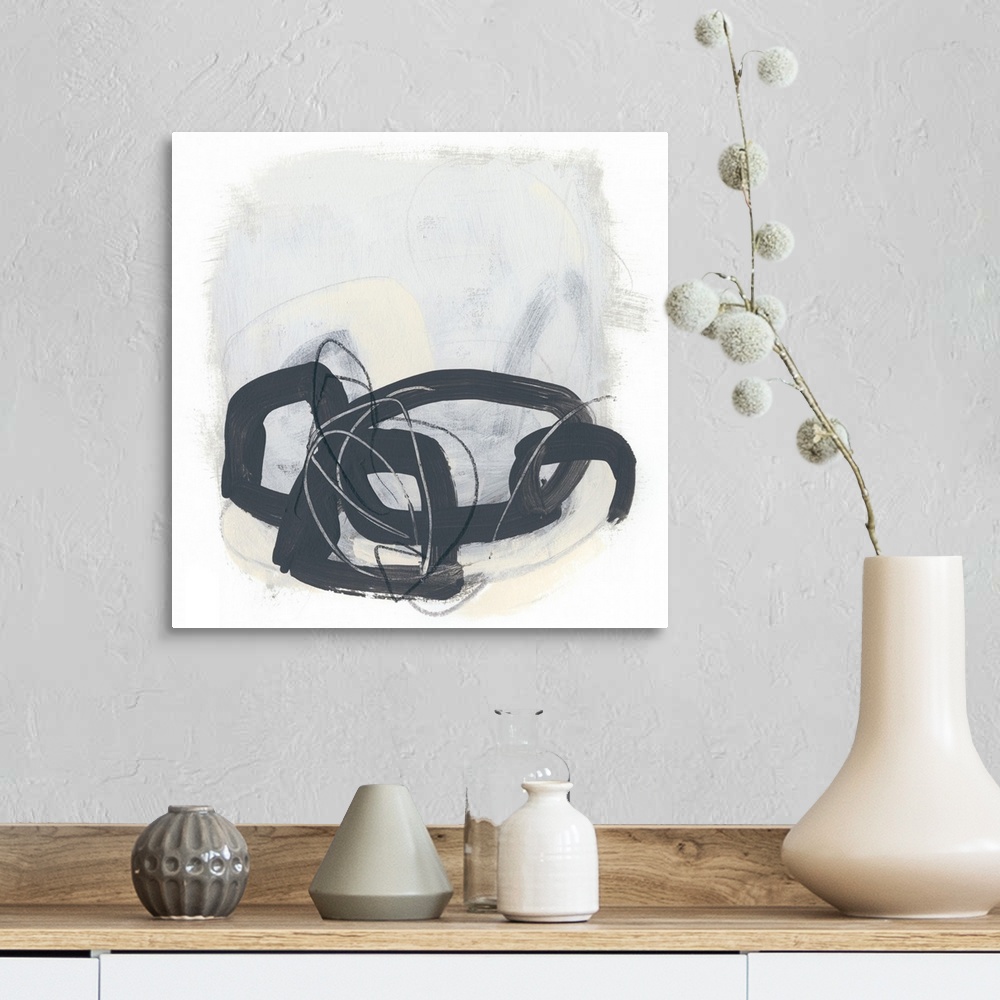 A farmhouse room featuring Square abstract painting of thick black circles overlapping and fine scribble lines of gray and b...