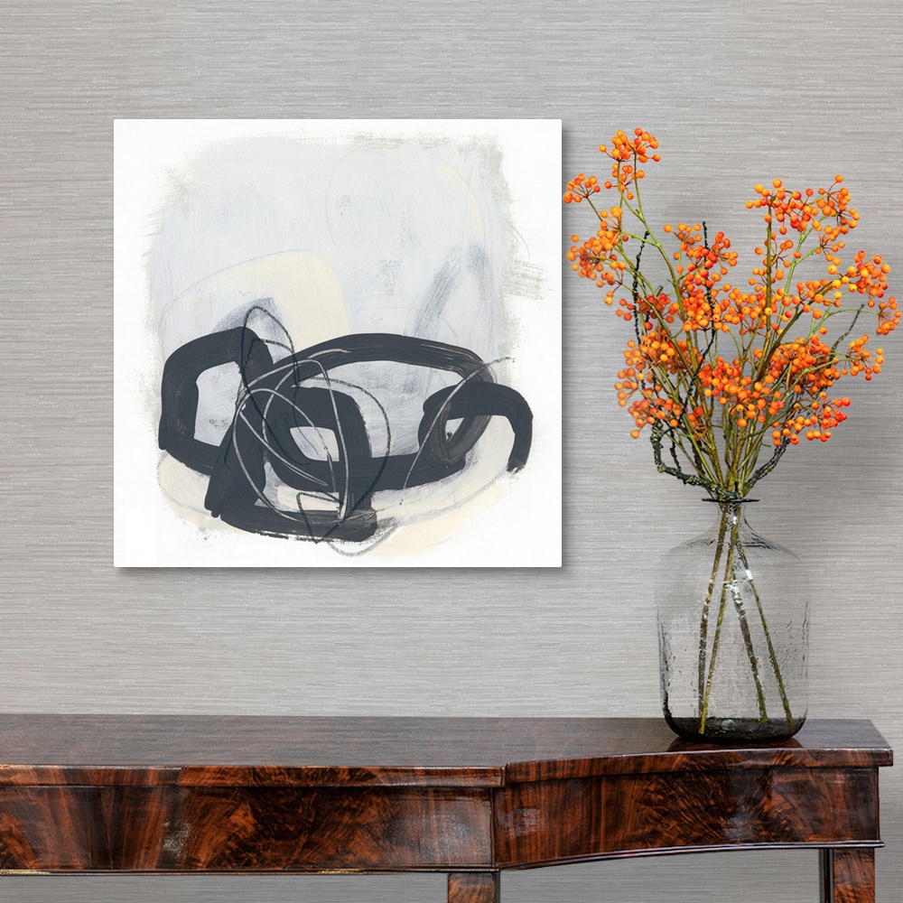 A traditional room featuring Square abstract painting of thick black circles overlapping and fine scribble lines of gray and b...