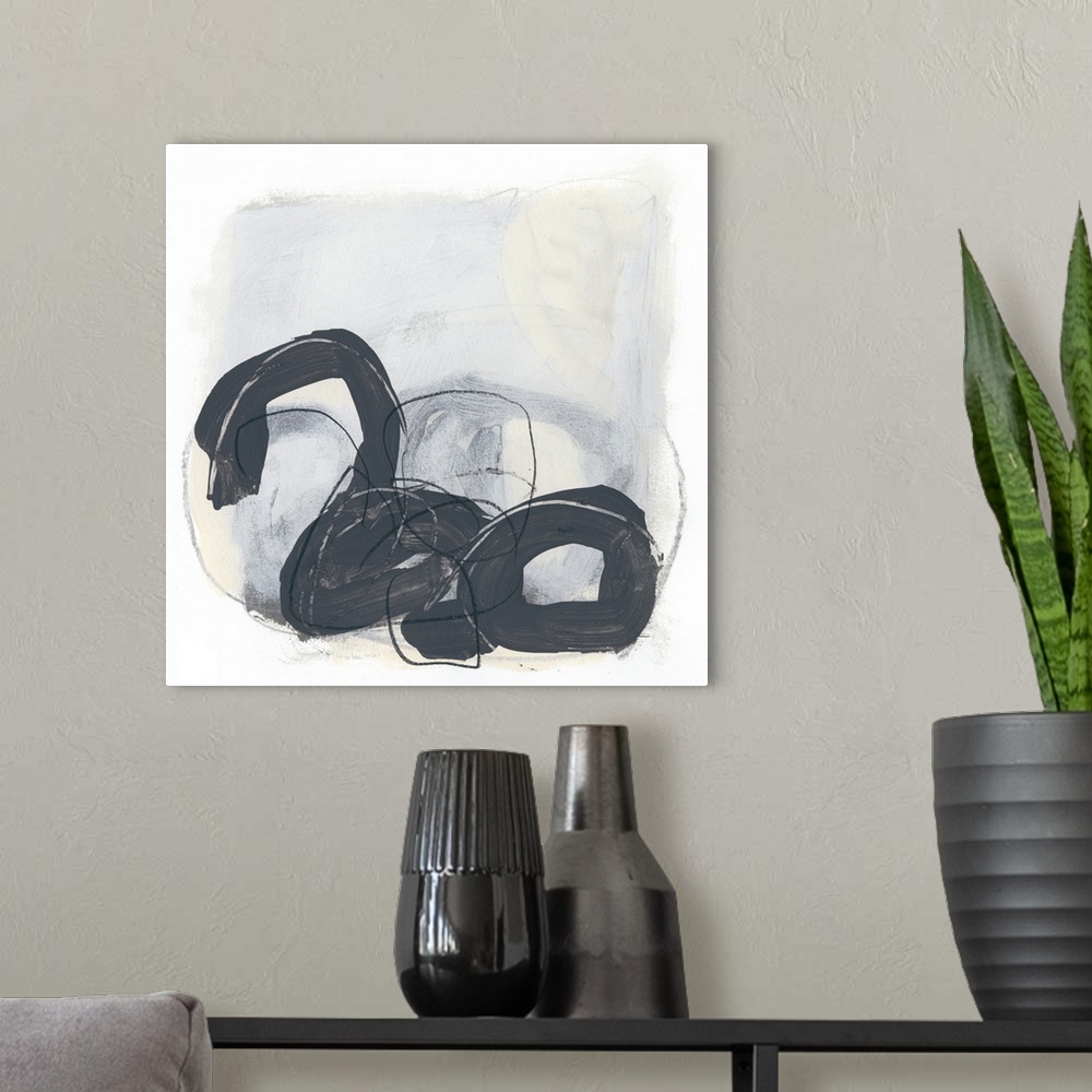 A modern room featuring Square abstract painting of thick black circles overlapping and fine scribble lines of gray and b...
