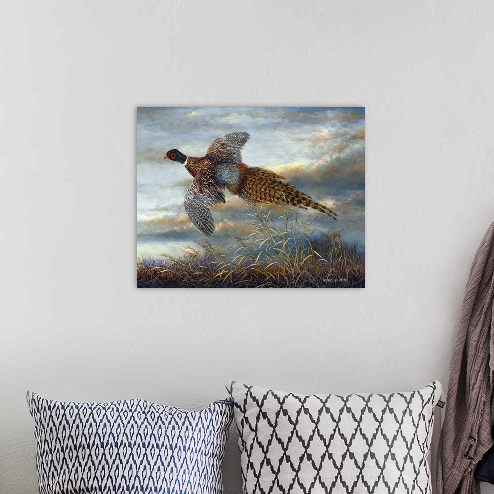 A bohemian room featuring Contemporary painting of a pheasant in mid-flight.