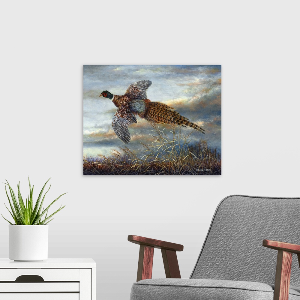 A modern room featuring Contemporary painting of a pheasant in mid-flight.