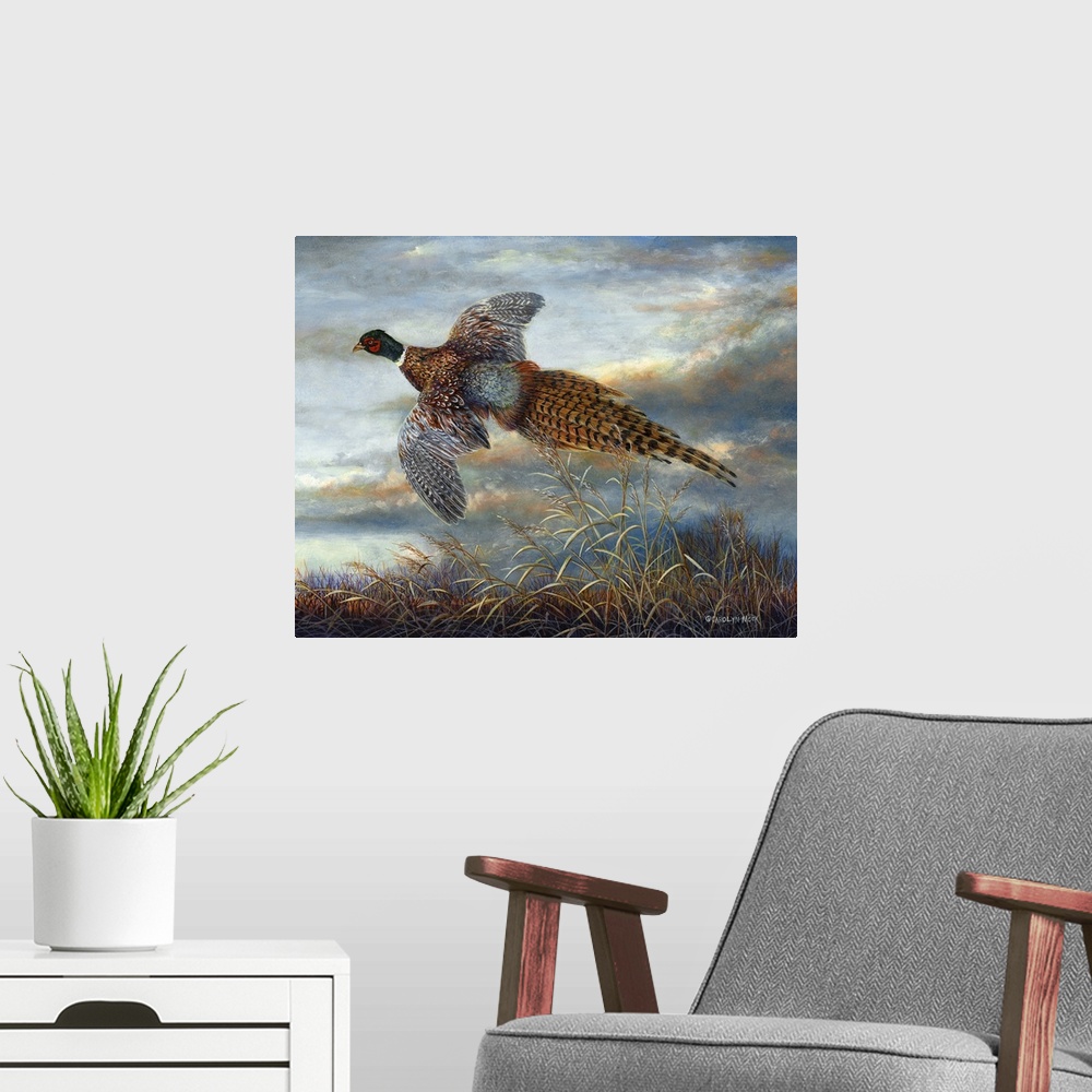 A modern room featuring Contemporary painting of a pheasant in mid-flight.