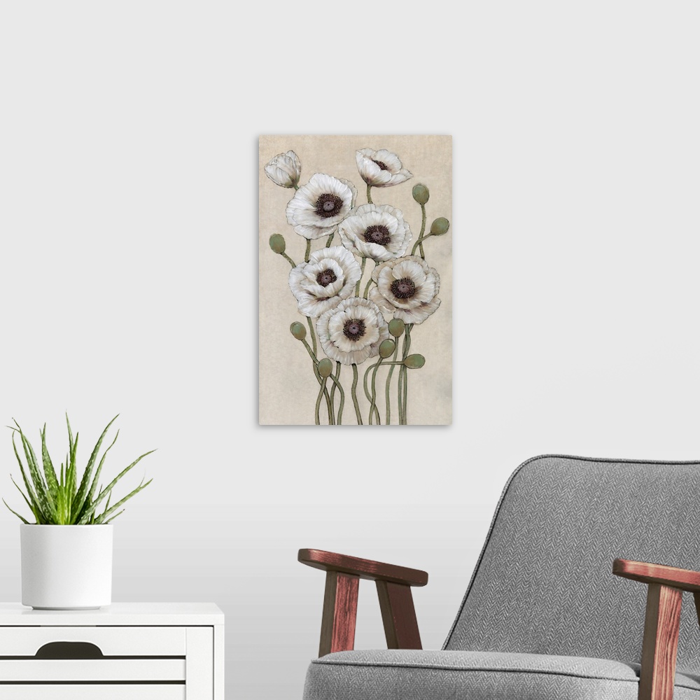 A modern room featuring Tall White Poppies I