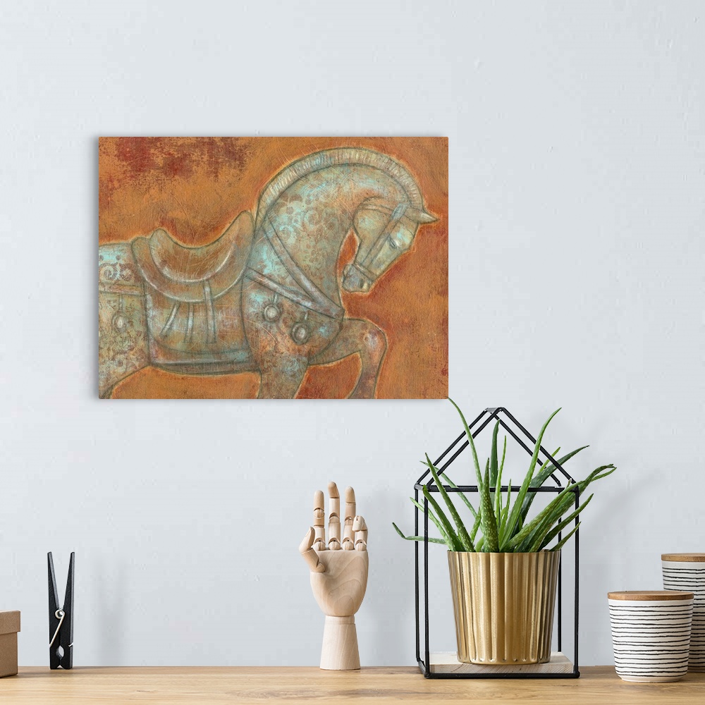A bohemian room featuring This decorative accent for the home or office is a painting of a horse inspired by ancient Chines...