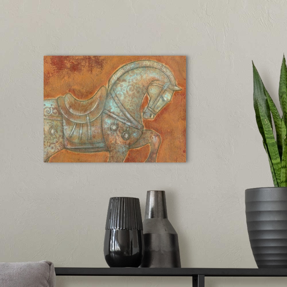 A modern room featuring This decorative accent for the home or office is a painting of a horse inspired by ancient Chines...