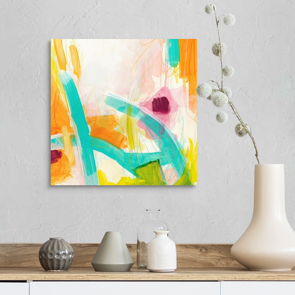 A farmhouse room featuring Abstract painting using vibrant colors such as orange and teal to create wild shapes using broad ...