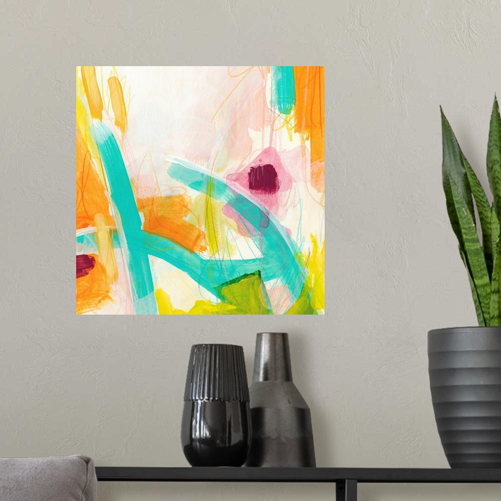 A modern room featuring Abstract painting using vibrant colors such as orange and teal to create wild shapes using broad ...