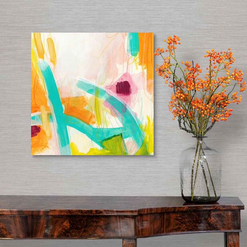 A traditional room featuring Abstract painting using vibrant colors such as orange and teal to create wild shapes using broad ...