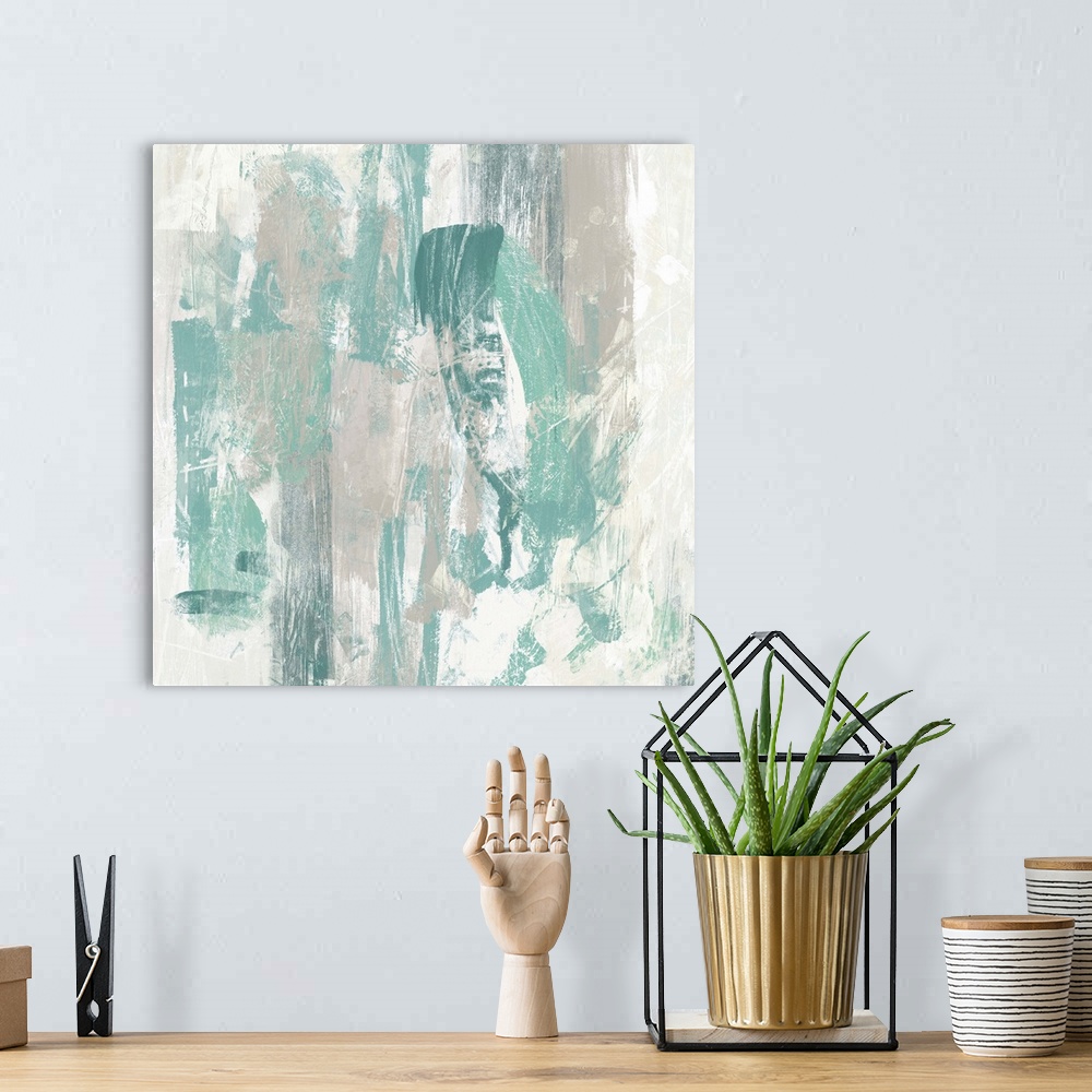 A bohemian room featuring Contemporary abstract painting using faded turquoise in swirling motions against a neutral backgr...