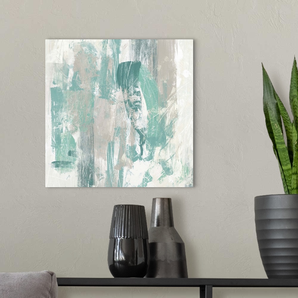 A modern room featuring Contemporary abstract painting using faded turquoise in swirling motions against a neutral backgr...