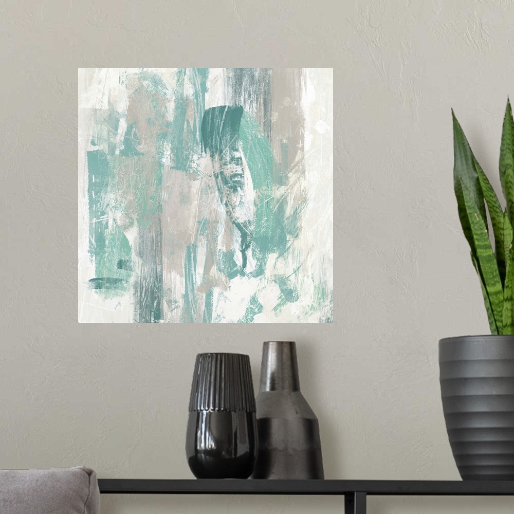 A modern room featuring Contemporary abstract painting using faded turquoise in swirling motions against a neutral backgr...