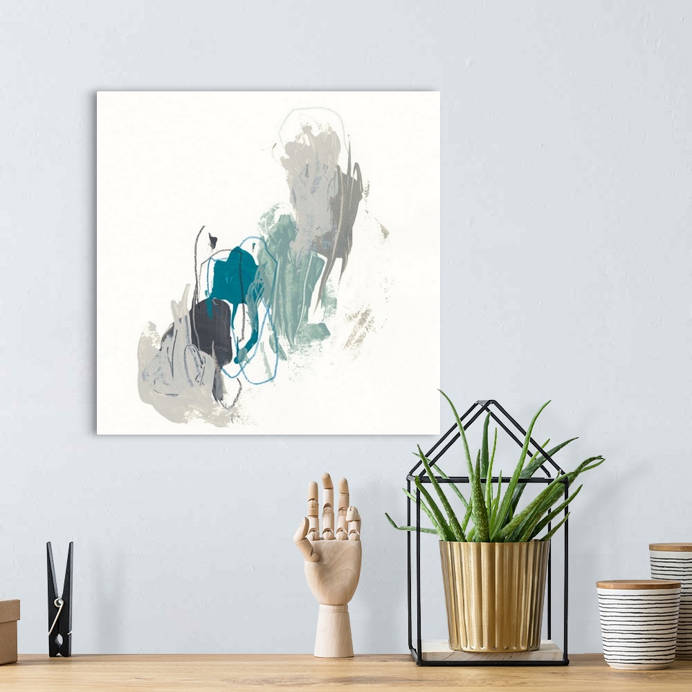 A bohemian room featuring Square abstract painting in cool tones of gray, teal and black with overlaying fine gray and blue...