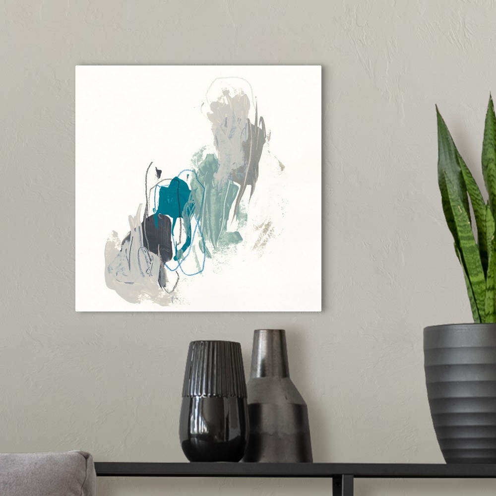 A modern room featuring Square abstract painting in cool tones of gray, teal and black with overlaying fine gray and blue...