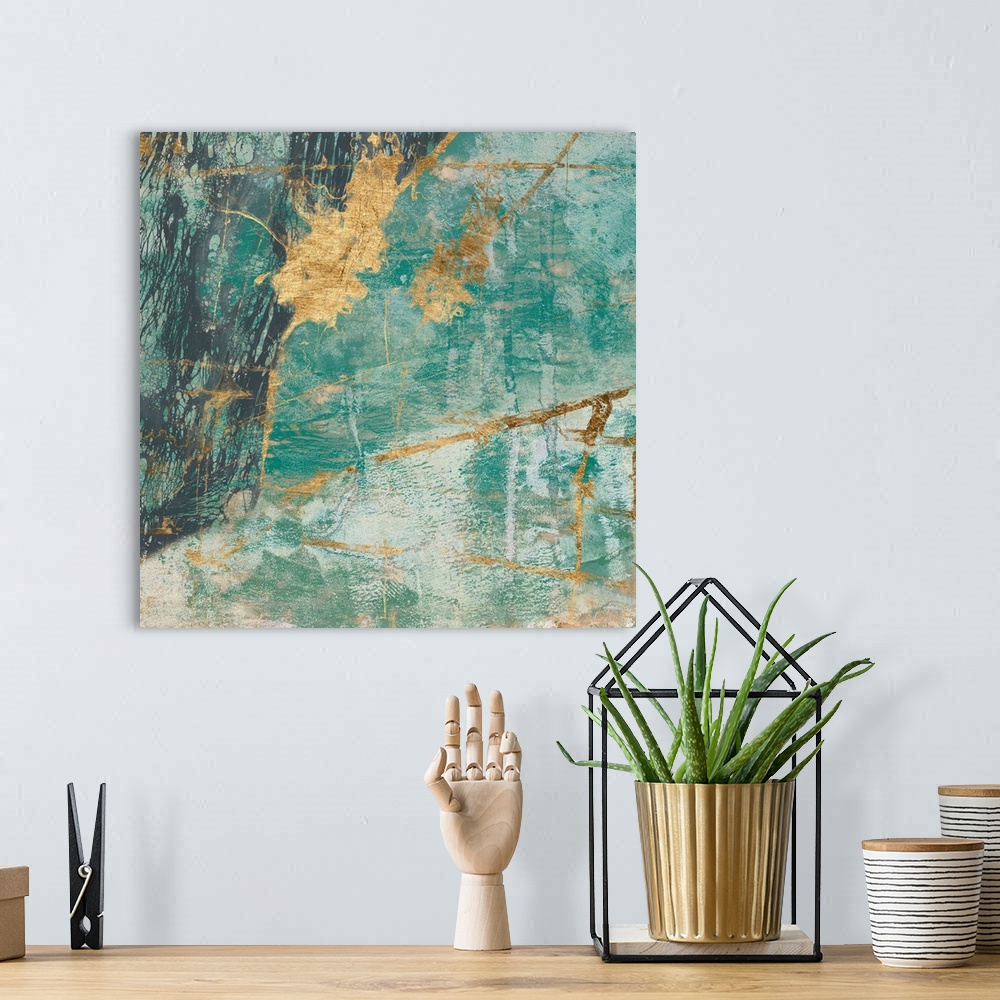A bohemian room featuring Contemporary abstract painting with a weathered feel in deep teal and gold.