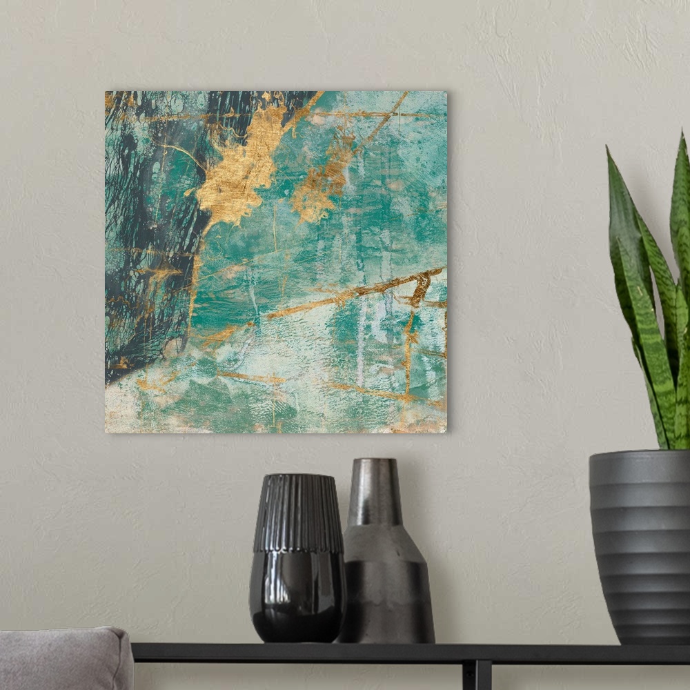 A modern room featuring Contemporary abstract painting with a weathered feel in deep teal and gold.