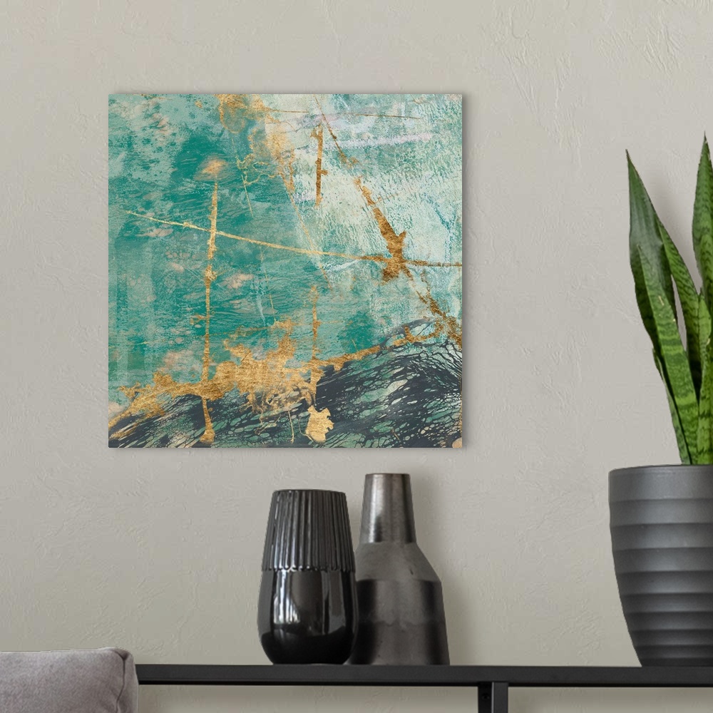 A modern room featuring Contemporary abstract painting with a weathered feel in deep teal and gold.