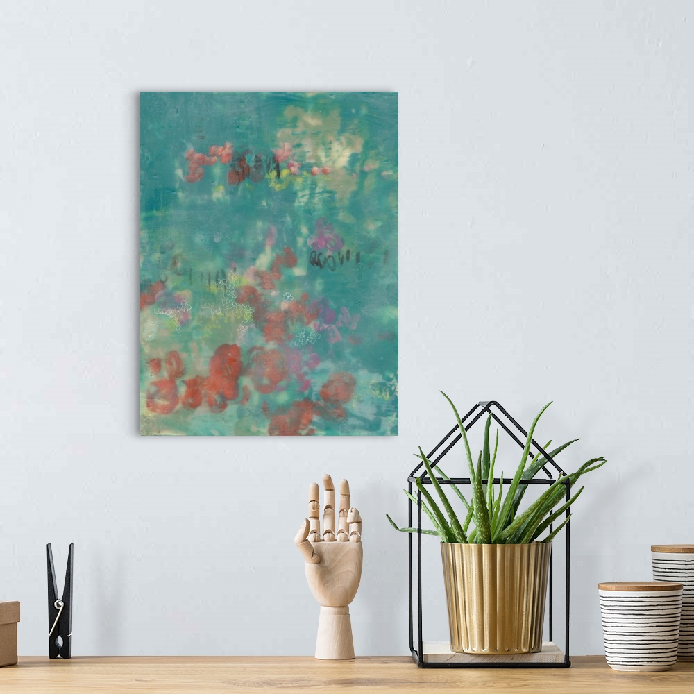 A bohemian room featuring Contemporary abstract painting using dark teal with hints of pale red.