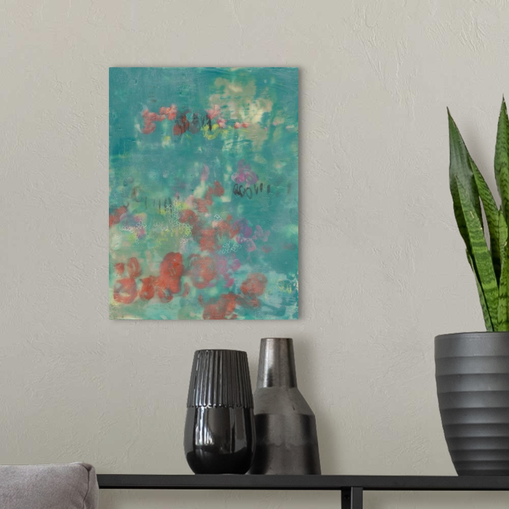 A modern room featuring Contemporary abstract painting using dark teal with hints of pale red.