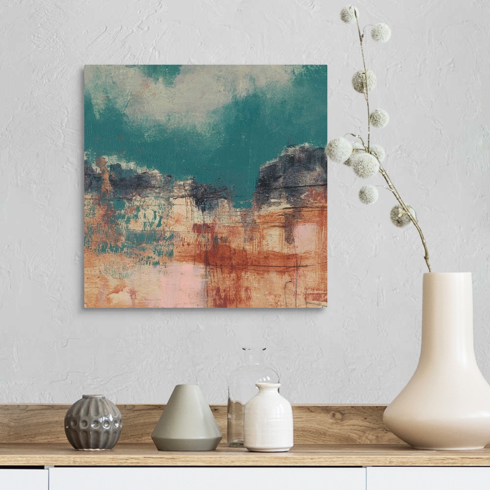 A farmhouse room featuring This square landscape painting features a rocky canyon formation with a vibrant teal sky dappled ...