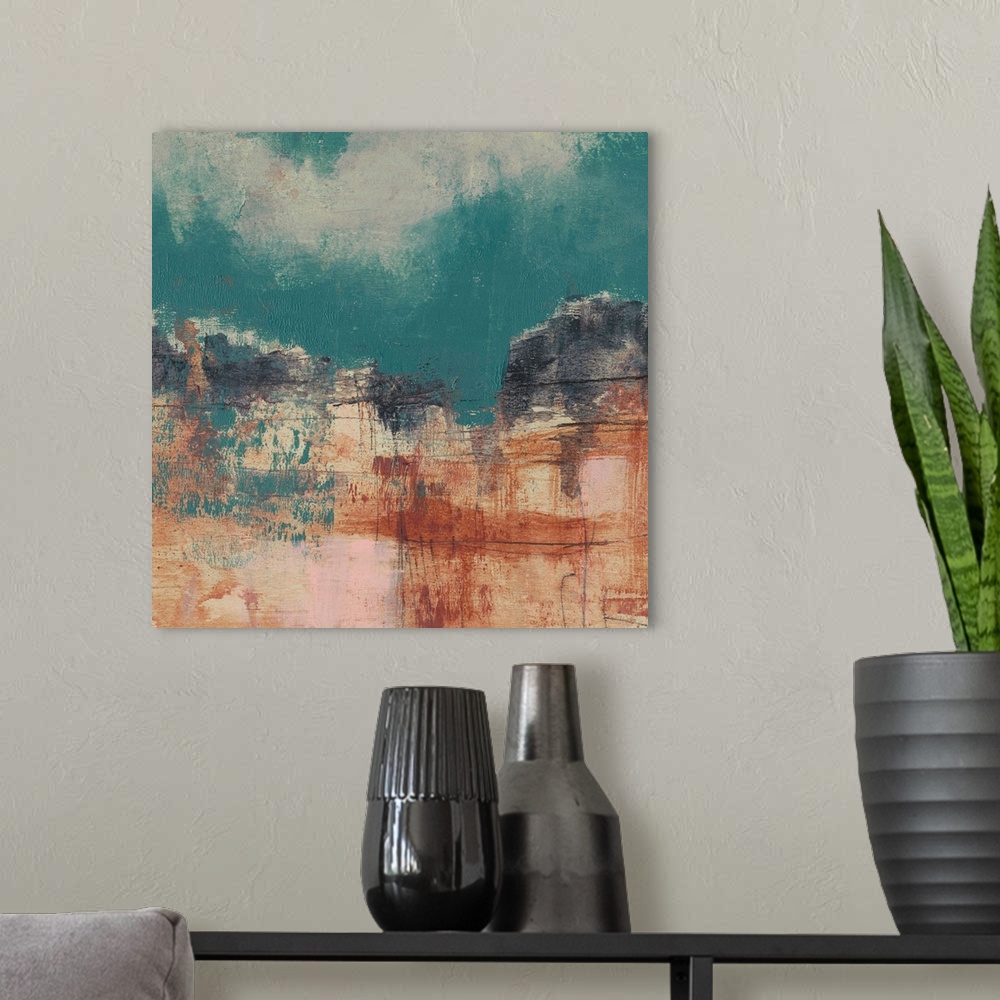 A modern room featuring This square landscape painting features a rocky canyon formation with a vibrant teal sky dappled ...