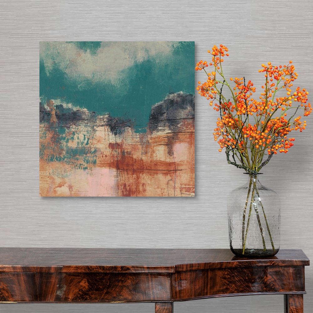 A traditional room featuring This square landscape painting features a rocky canyon formation with a vibrant teal sky dappled ...