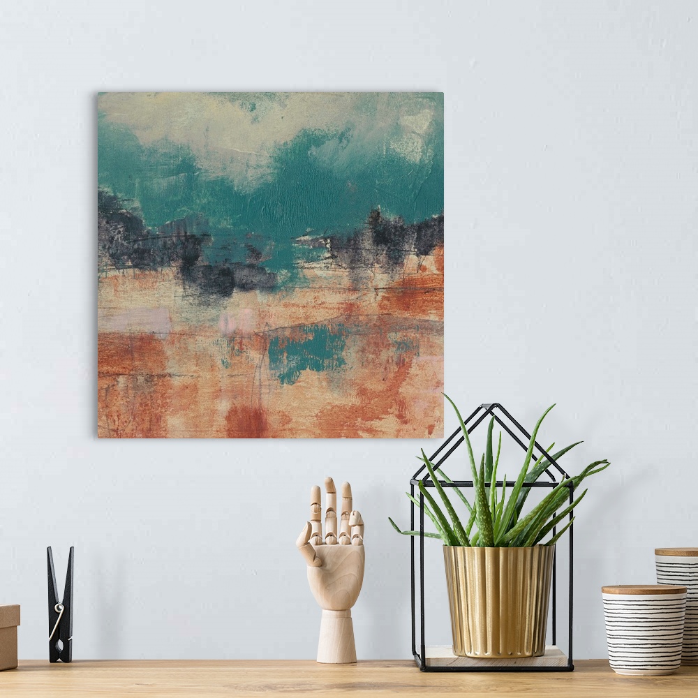A bohemian room featuring This square landscape painting features a rocky canyon formation with a vibrant teal sky dappled ...