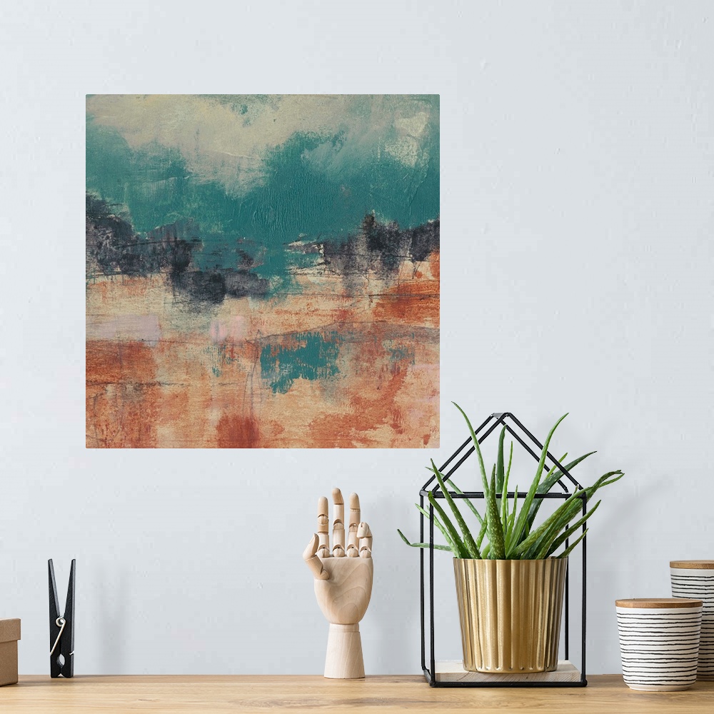 A bohemian room featuring This square landscape painting features a rocky canyon formation with a vibrant teal sky dappled ...