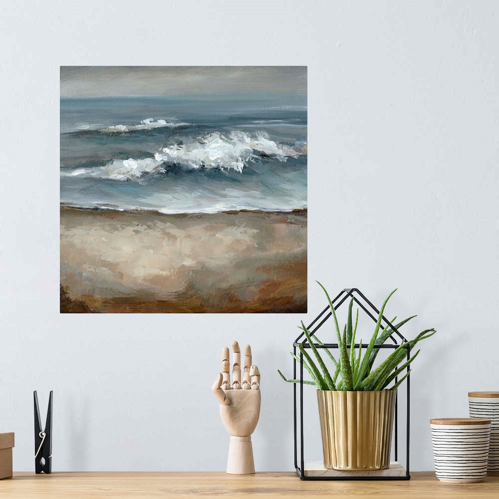 A bohemian room featuring Big square painting of crashing waves on a shore with storm clouds in the background.