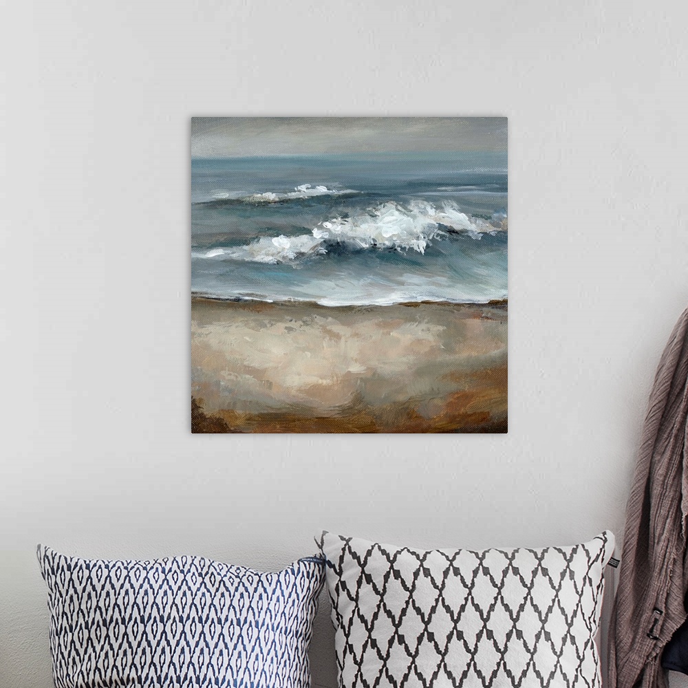 A bohemian room featuring Big square painting of crashing waves on a shore with storm clouds in the background.