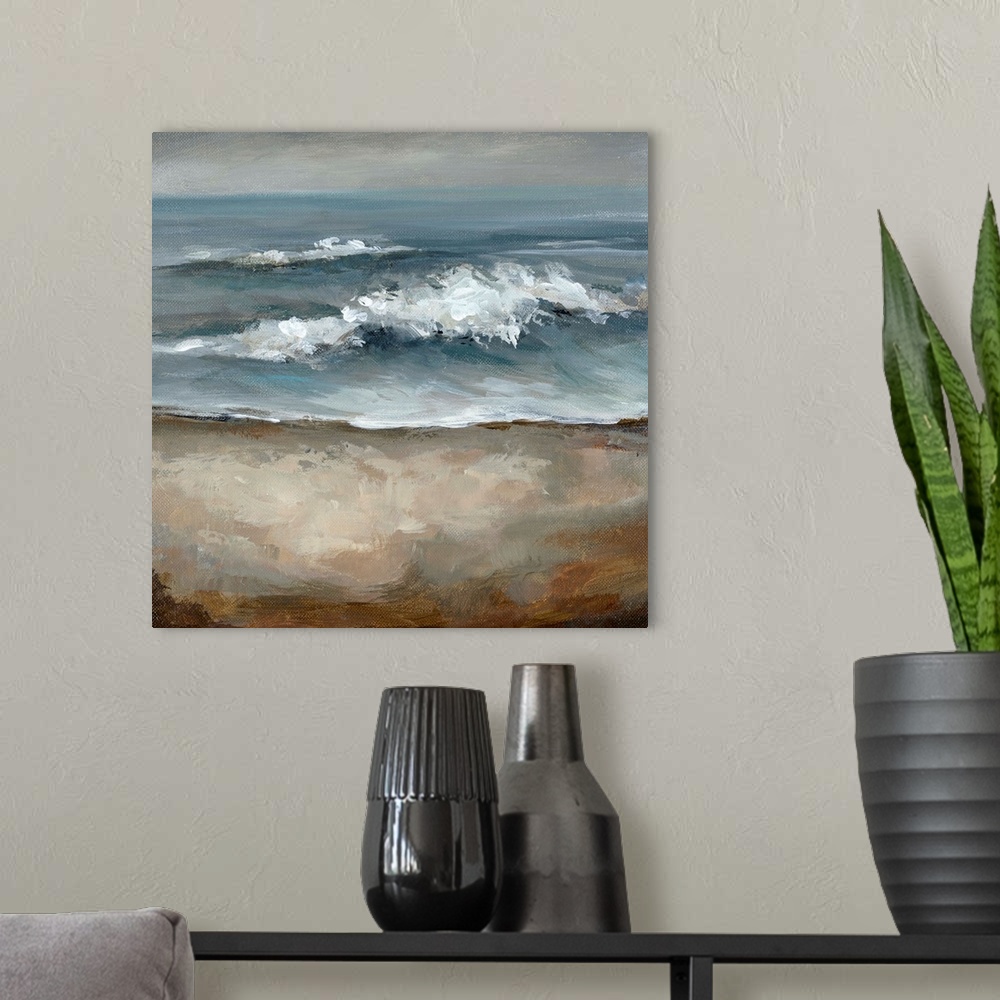 A modern room featuring Big square painting of crashing waves on a shore with storm clouds in the background.