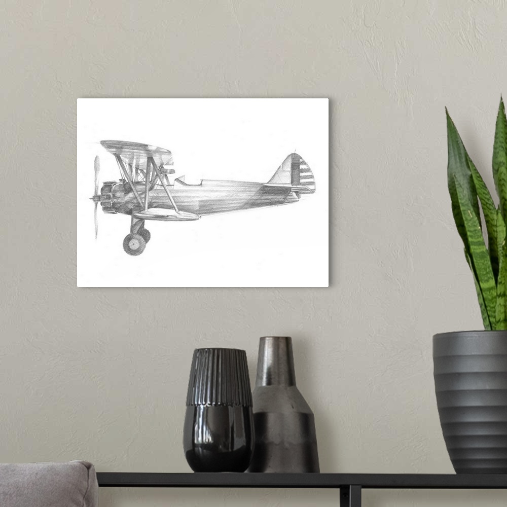 A modern room featuring Contemporary artwork of an airplane sketched on a white background.