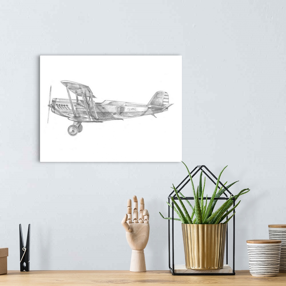 A bohemian room featuring Contemporary artwork of an airplane sketched on a white background.