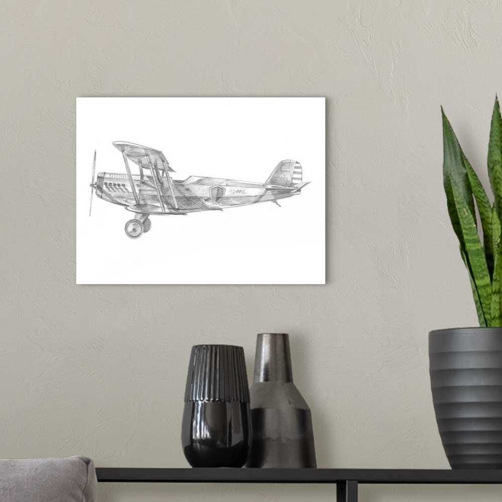 A modern room featuring Contemporary artwork of an airplane sketched on a white background.