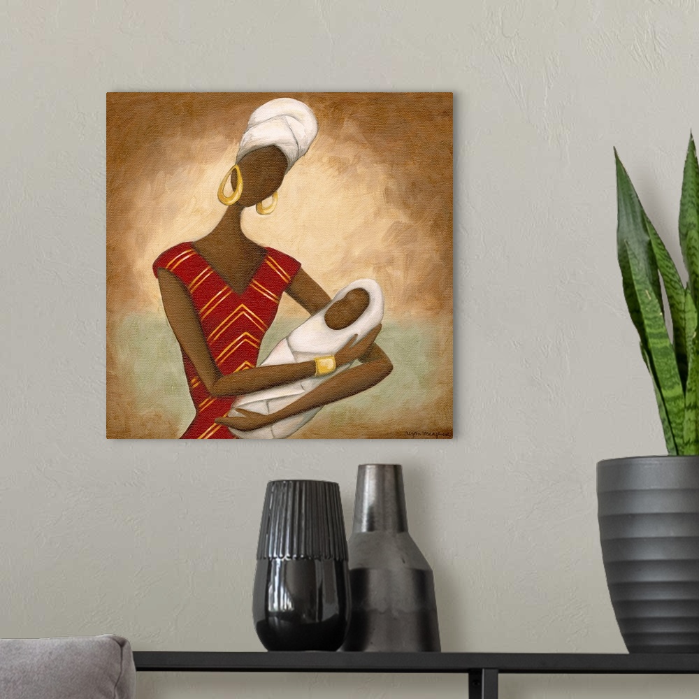 A modern room featuring The figure of an African woman is drawn holding her baby that is swaddled in a blanket so only th...